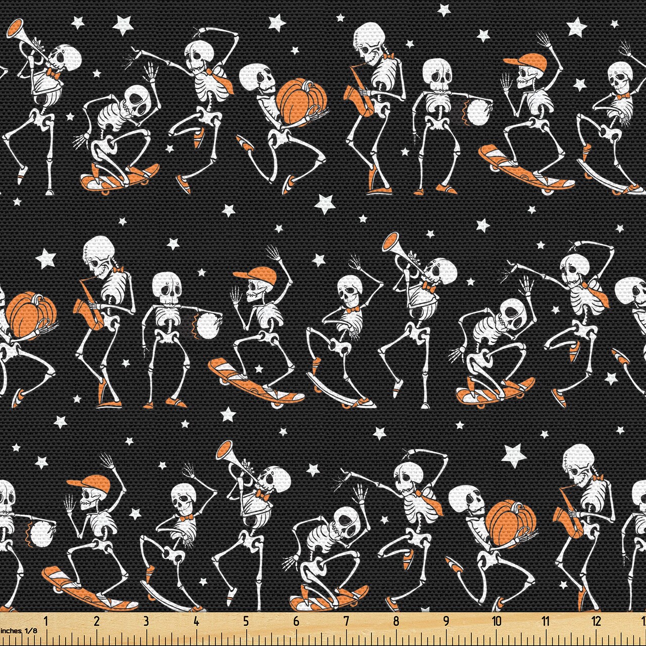 Ambesonne Halloween Fabric by The Yard, Skeletons with Pumpkins Skating Musician on Dark Background, Decorative Fabric for Upholstery and Home Accents, 3 Yards, Charcoal Grey